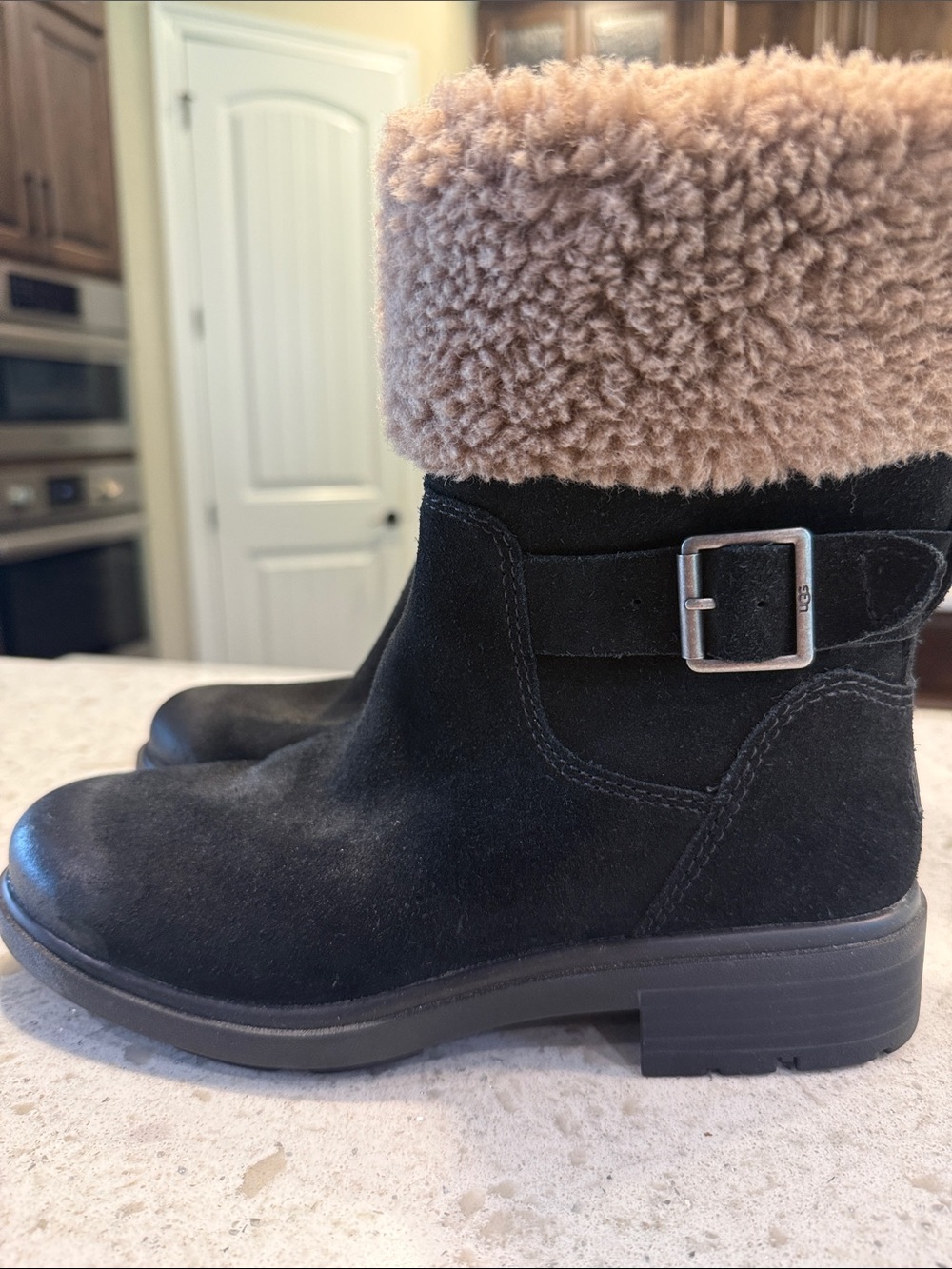 UGG Black Suede Ankle Boots with Tan Faux Shearling Cuff